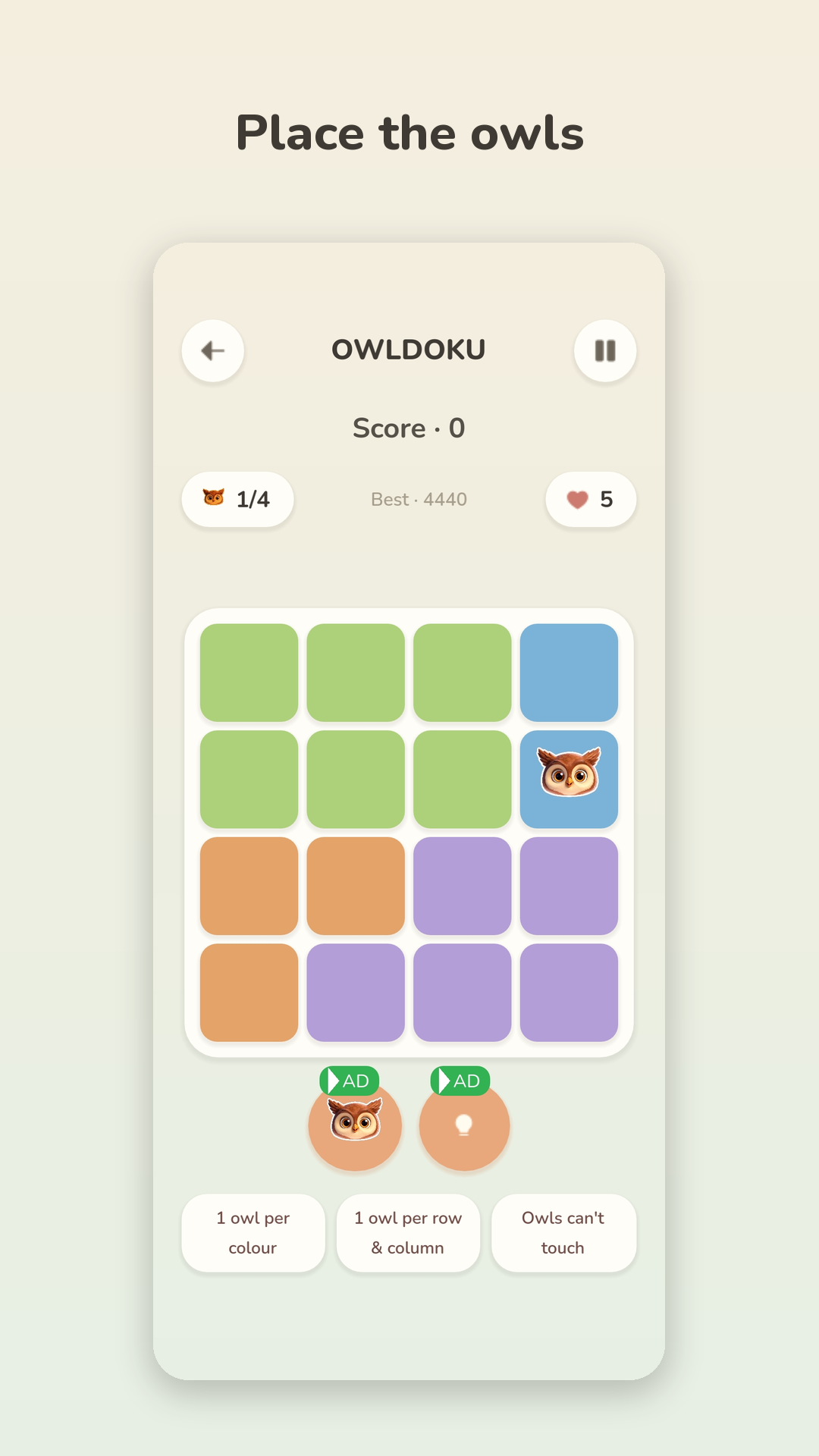 Owldoku gameplay: a colorful four-by-four puzzle board with an owl