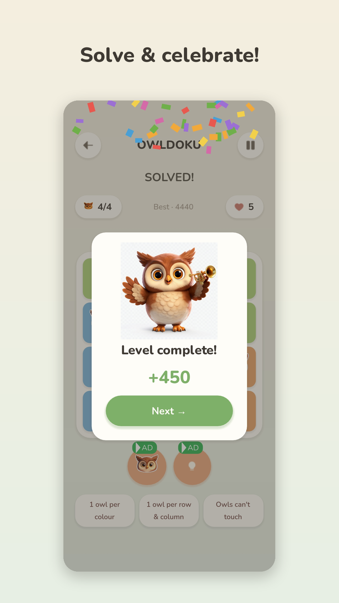 Owly celebrates a completed puzzle